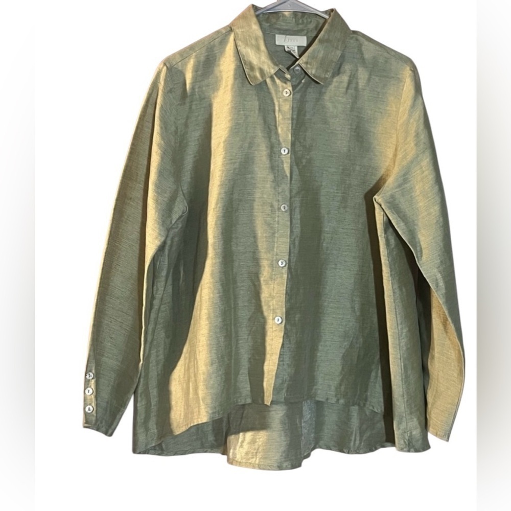 J.Jill Linen button resort wear Blouse sage‎ Green Coastal Casual Lagenlook 10T